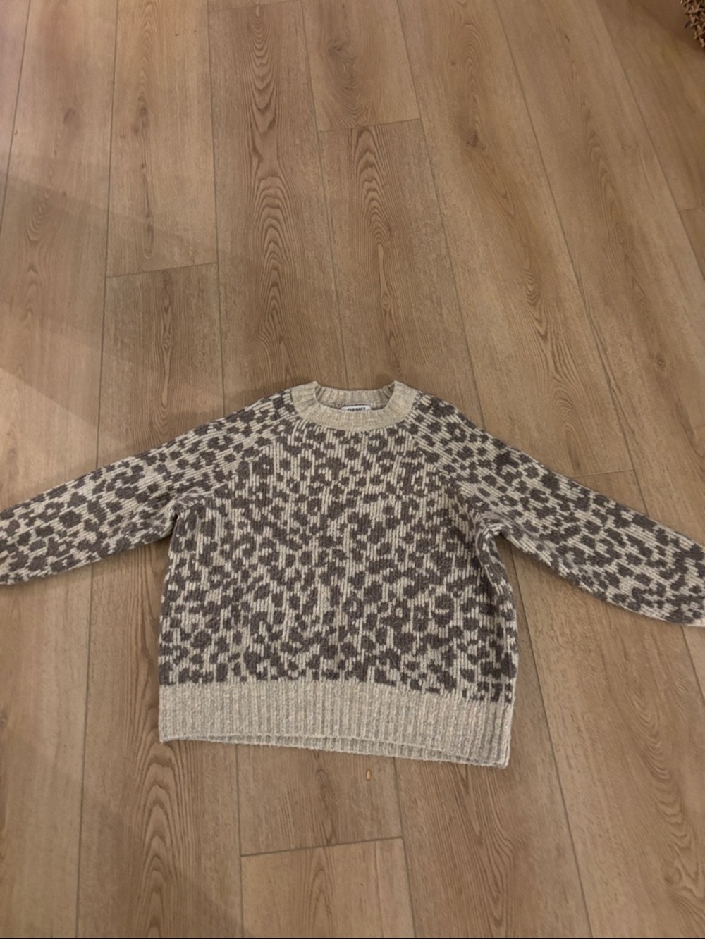 Old Navy Taupe & Cream Leopard-Pattern Crewneck Sweater
